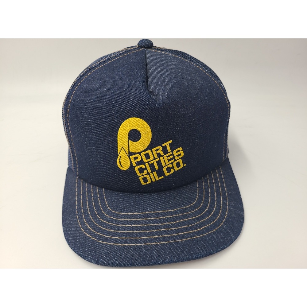 Vintage Port Cities Oil Co YoungAn Denim Mesh Trucker Snapback Hat Cap Men Blue
